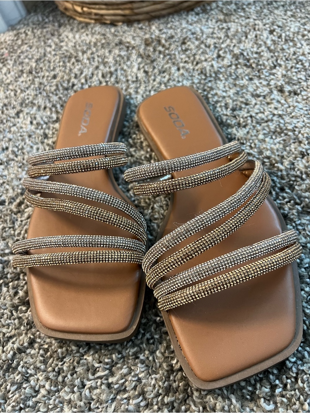 Soda Tan Rhinestone Multi-Strap Slide Sandals